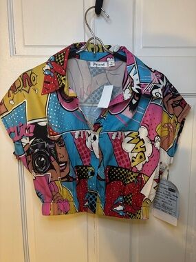Girls' Pop Art Cropped Button-Up Shirt - Pink, Blue & Yellow